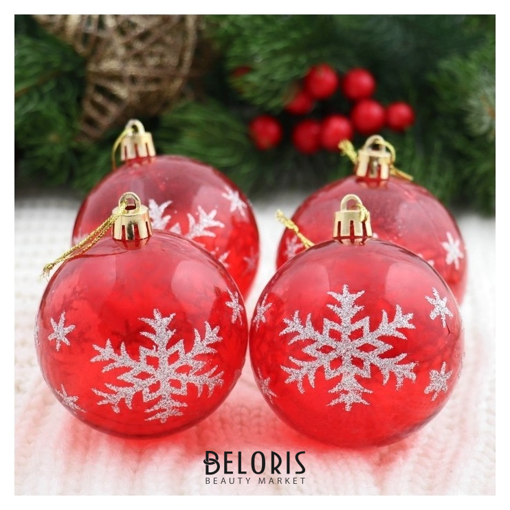 

Набор шаров пластик D-7 см, 6 шт "Прозрачный - снежинка" красный