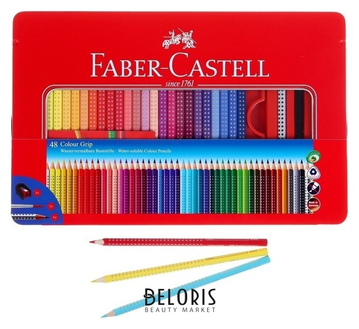 

Карандаши цветные акварельные 48 цветов Faber-castell Grip 2001, трёхгранные с массажными шашечками, дополнительно: кисть, точилка, карандаш чёрнографитный, в металличесом пенале