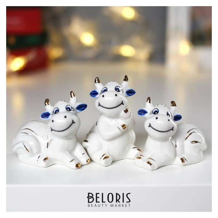 

Сувенир керамика "Белые бычки" синие ушки набор 3 шт 7,2х4,6х4,7 см