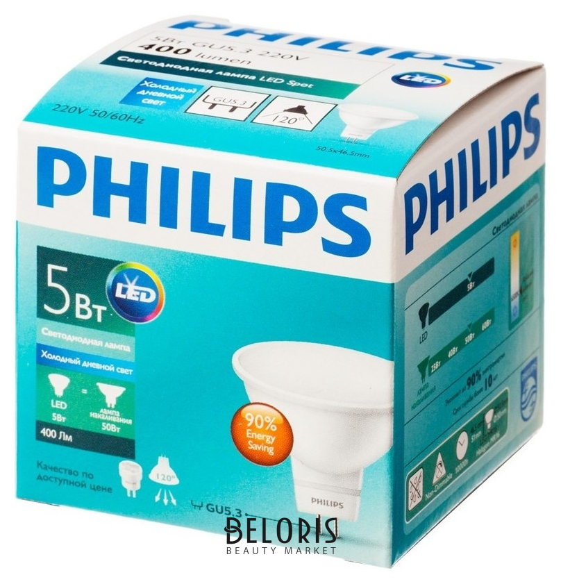 

Лампа светодиодная Philips 5-50w Gu5.3 6500k хол.бел. белый спот