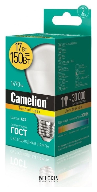 

Лампа светодиодная Camelion Led17-a65/830/e27,17вт,220в 12308