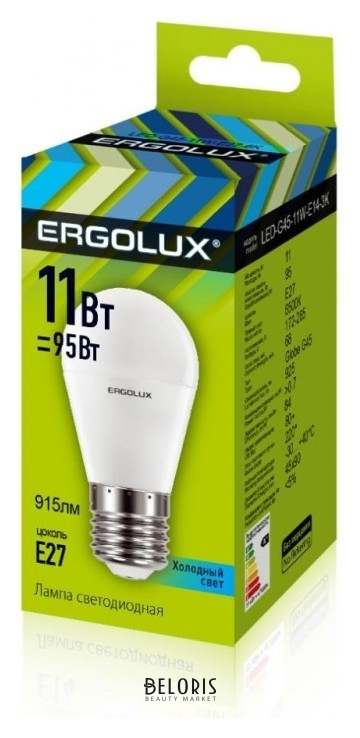 

Лампа светодиодная Ergolux Led-g45-11w-e27-4k,шар 11вт,e27,4500k 13631