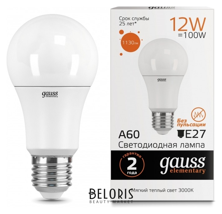 

Лампа светодиодная Gauss LED Elementary A60 12вт E27 1130лм 3000k (23212